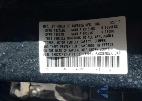 2017 Honda Accord Sport z USA, uszkodzony, nr VIN 1HGCR2F53HA173732